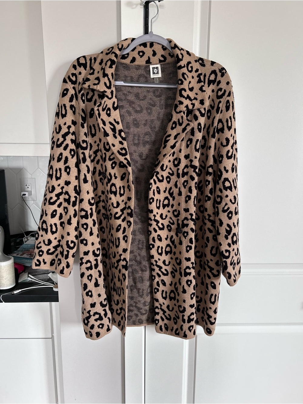 Anne Klein Tan Black Leopard Print Open Front Sweater Blazer Long Cardigan Layer - Picture 2 of 10